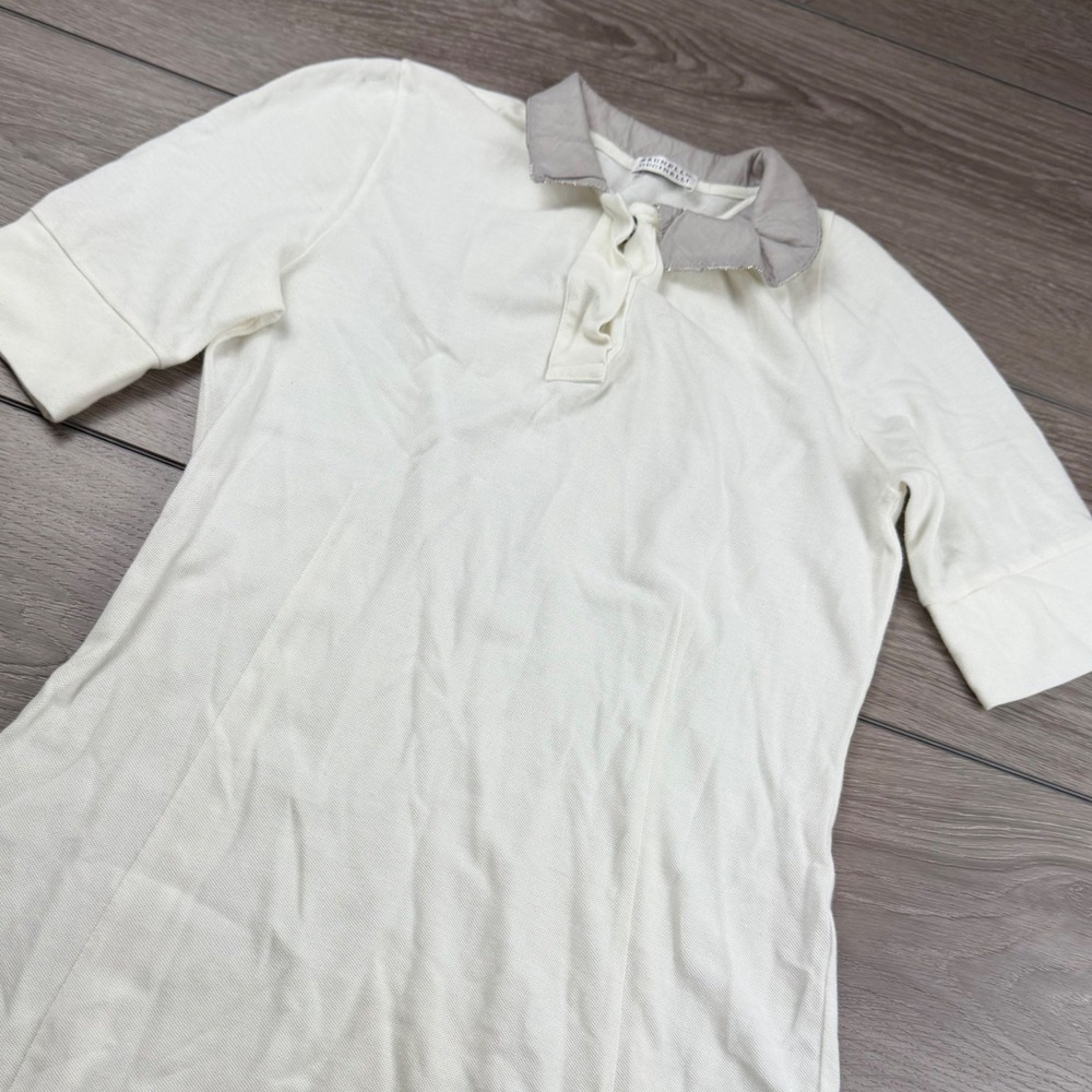 Brunello Cucinelli Womens Polo Shirt Monili Bead Trim White Small